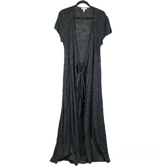 Amuse Society Women’s Size Large Long Duster Cardigan Black Lace Tie Waist - Picture 1 of 7